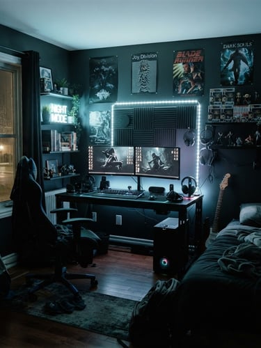 Wide environmental room shot of a moody teen bedroom, deep charcoal walls, a heavy-duty steel desk with dual gaming monitors, cool LED accent lighting, 35mm