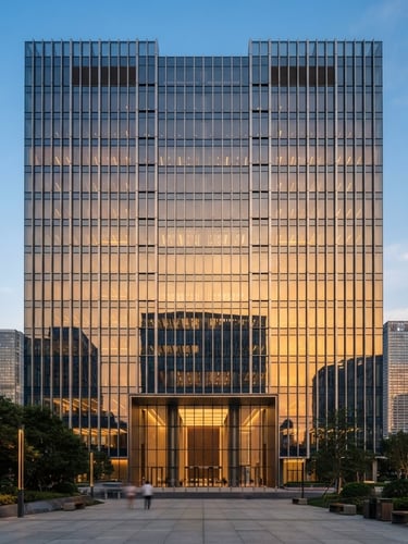 Fachada de edifício corporativo moderno, simétrico, em vidro e aço, sob luz natural difusa, com reflexos dourados do pôr do sol, arquitetura de alto padrão.