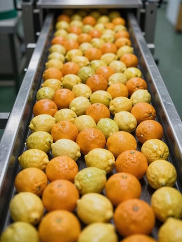 Close-up overhead view of fresh citrus fruit — oranges and lemons — arriving on a stainless steel intake conveyor belt inside a Chennai production facility, tungsten overhead lights, fruit densely packed in motion, no workers visible