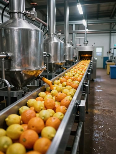 Wide interior shot of a citrus juice manufacturing facility in Chennai, stainless steel processing lines running left to right, tungsten overhead lighting casting warm industrial glow, fresh oranges and lemons on intake conveyor visible in foreground, right side open to production floor depth