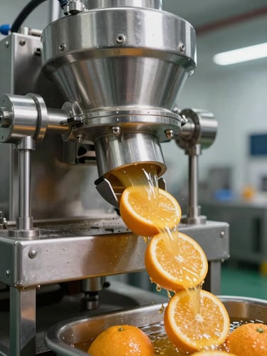 Close-up of stainless steel juice processing machinery in operation, citrus halves feeding into an industrial extractor under tungsten overhead light, juice flowing through sealed piping, production floor visible in the background depth