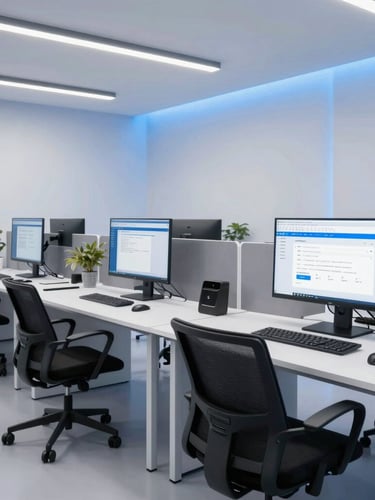 Wide environmental shot of a modern tech workspace in Jakarta, bright studio lighting with soft electric blue ambient glows, ultra-wide monitors displaying clean UI/UX design, professional and innovative atmosphere, 35mm lens