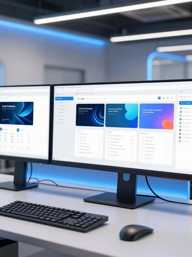 Modern tech workspace with ultra-wide monitors displaying high-end UI/UX designs, bright studio lighting with electric blue ambient glows, clean commercial photography