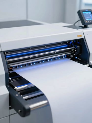 A close-up of a high-speed digital printing machine in action, sharp focus on paper feed, electric blue lighting accents, clean industrial environment