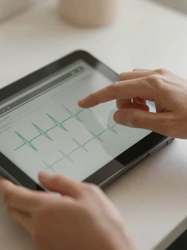 Warm editorial photograph, soft natural daylight, close-up of hands tracking physiological markers on a digital device, clean data visualization on screen, muted organic tones, shallow depth of field.