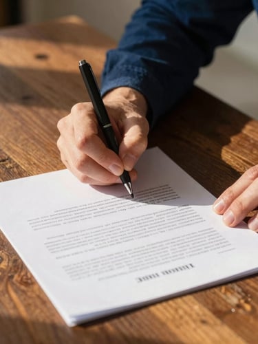 Close-up shot of hands signing legal documents on a rustic wooden table, warm golden-hour natural light, deep indigo shadows, authentic editorial photography.