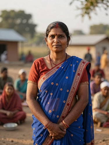 Dignified environmental portrait of a rural Indian woman leader standing confidently in front of a village assembly, warm natural golden hour light, 35mm lens, shallow depth of field.