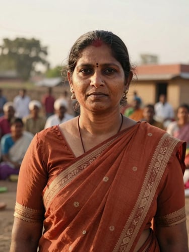 Dignified environmental portrait of an Indian woman leader in a terracotta sari, direct gaze, warm golden-hour natural light, village assembly background, 35mm lens