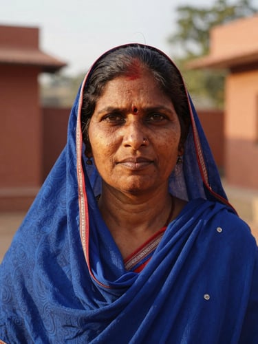 Dignified eye-level portrait of a rural Indian woman leader, direct gaze, warm golden-hour natural light, terracotta courtyard background, 35mm lens.