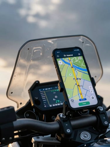 Close-up of a smartphone mounted on a motorcycle handlebar showing a GPS route map, high-contrast blue and yellow screen glow, dramatic overcast daylight