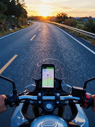 First-person perspective over motorcycle handlebars on a winding asphalt road during golden hour, phone mounted showing GPS navigation, high-contrast blue and yellow tones