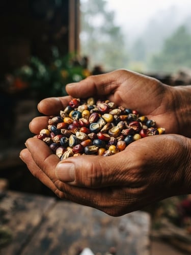 Tight macro shot of raw Oaxacan heirloom corn kernels in warm hands, rustic wooden background, soft misty mountain light filtering in.