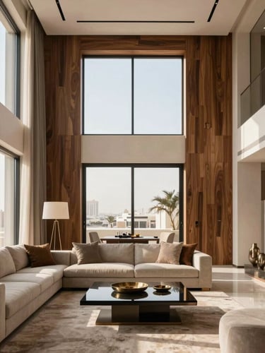 Straight-on architectural elevation shot, warm natural daylight filtering through large windows, modern luxury Riyadh living room showing premium wood cladding and smooth painted plaster transitions, high-end editorial photography.