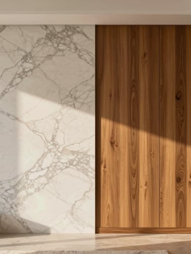 Straight-on architectural shot of a luxury living room wall where a premium marble alternative meets warm fluted wood cladding, perfect seamless transition, soft morning light.