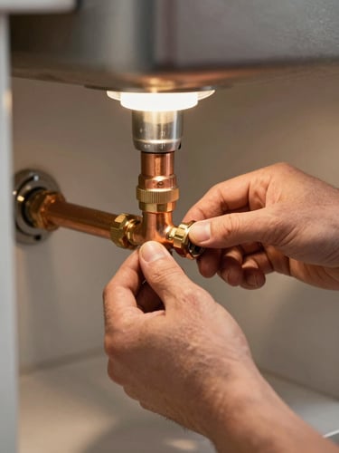 Close-up of a licensed plumber's hands tightening a copper pipe fitting under a kitchen sink, tungsten work light casting warm shadows on tools and fittings, residential cabinet interior visible