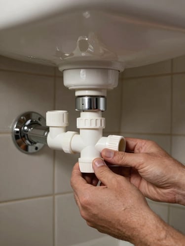 Close-up panoramic of a plumber's hands connecting PVC drain pipe beneath a residential sink, tungsten work light casting sharp shadows on white PVC fittings and chrome trap, real Yonkers home bathroom tile visible in background, documentary framing