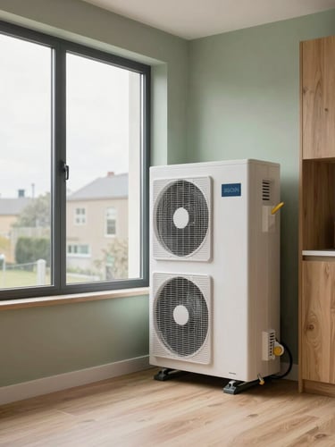 A modern UK home utility room with a neatly installed heat pump system, soft overcast daylight through a side window, clean organized space, architectural photography