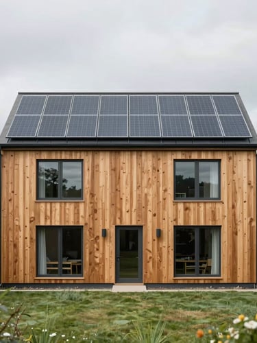 Straight-on architectural elevation of a modern UK home with integrated solar panels, soft overcast UK daylight, muted natural greens and warm wood tones, 35mm lens