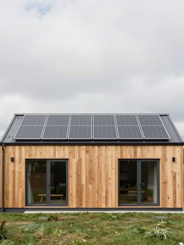 Straight-on architectural elevation of a modern timber-clad UK eco-home with integrated roofline solar panels, soft overcast daylight, muted green surroundings, 35mm lens