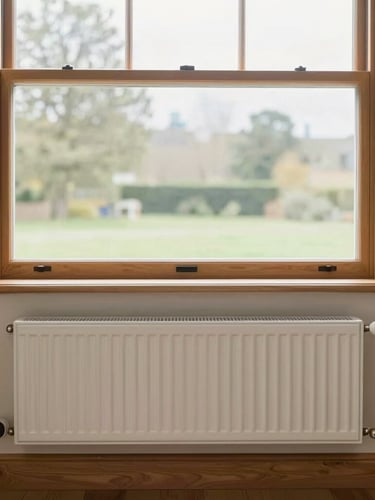 A clean, modern UK living room with a timber-framed window showing soft overcast daylight, a neatly integrated radiator with smart thermostatic valve, warm natural tones.