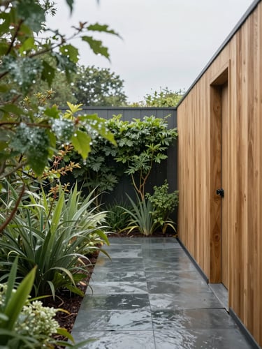Lush bio-diverse British garden with a modern slate pathway, soft overcast daylight, raindrops on green leaves, 35mm lens