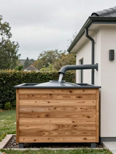 Straight-on architectural elevation of a modern UK home with an integrated charcoal-grey rainwater downpipe feeding a stylish wooden-clad storage tank, soft diffused daylight