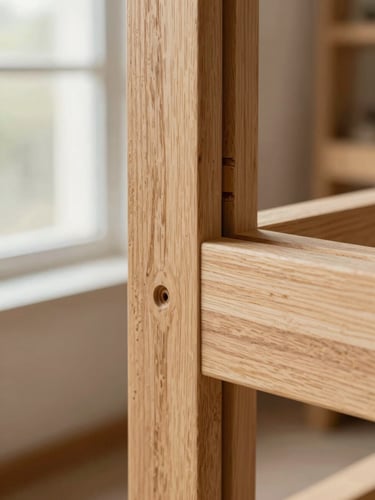 Macro detail shot of a flush-fit mortise and tenon joint in white oak, natural light highlighting the grain match