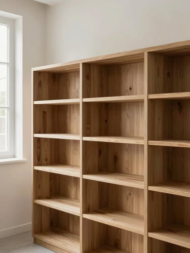 Straight-on architectural photograph of a custom white oak bookshelf integrated into a modern minimalist living room, natural side lighting, rich timber textures