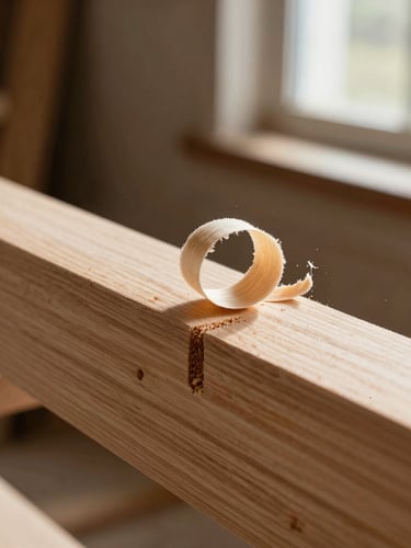 Macro detail shot of a hand-planed white oak joint, clean timber shavings curling off the wood, natural side-lighting from a workshop window, shallow depth of field.