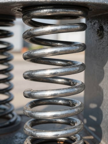 Close-up of a heavy-duty industrial garage door torsion spring, thick steel coils under tension, bright daylight, crisp focus