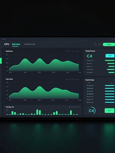 Straight-on clean UI mockup of a modern dark mode game server control panel, displaying real-time CPU graphs and ping status in neon green and cyan, sharp focus, high-contrast dark ambient lighting, 35mm