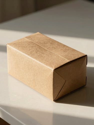 A minimalist, elegant cardboard package resting on a clean ceramic surface under warm afternoon sunlight, soft shadows