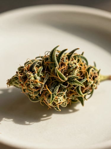 Macro close-up shot of a pristine, trichome-rich cannabis flower bud resting on a clean cream ceramic surface, warm natural afternoon sun casting soft, elegant shadows.