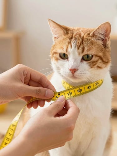 Close-up of human hands gently measuring a calm cat's chest with a yellow tape measure, soft natural lighting, warm workshop background