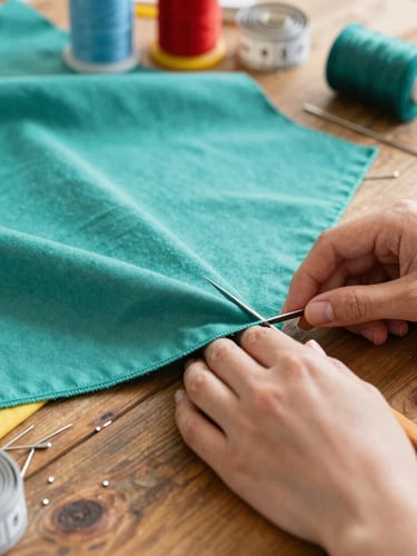 Close-up of artisan hands carefully cutting colorful teal fabric on a rustic wooden table, sewing needles and measuring tape nearby, warm natural light.