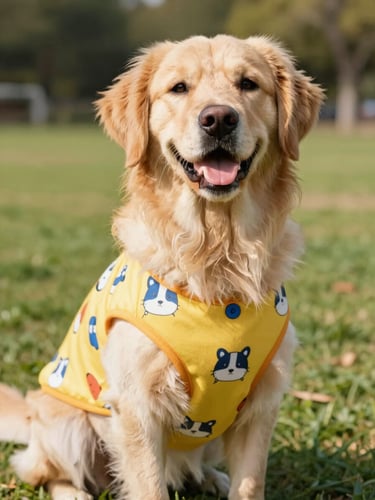 Un alegre perro Golden Retriever sonriendo a la cámara en un parque soleado, vistiendo una cómoda sudadera colorida de Patitas Coquetas, luz natural cálida, enfoque suave