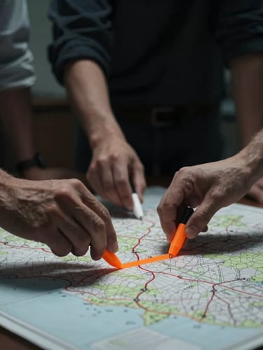 Dramatic editorial photo, low-key side lighting, desaturated cool tones. Hands of focused professionals moving physical markers on a large tabletop map, shallow depth of field, 35mm.