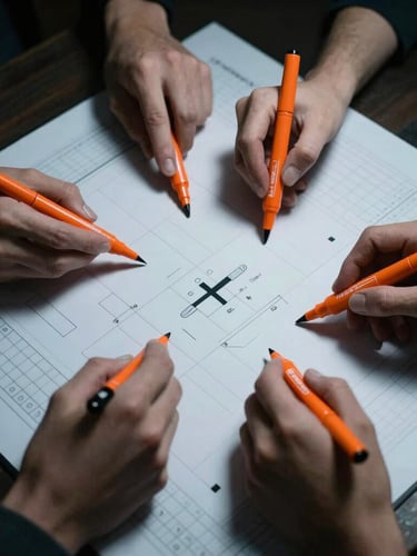 Overhead shot of hands collaborating over a physical tabletop simulation board with orange markers, dramatic side lighting, high contrast, focused on tactical coordination.