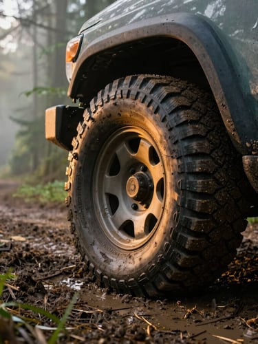 Moody close-up of a rigged-out overlanding vehicle tire half-submerged in deep mud on a misty forest trail, dramatic low-angle golden hour lighting