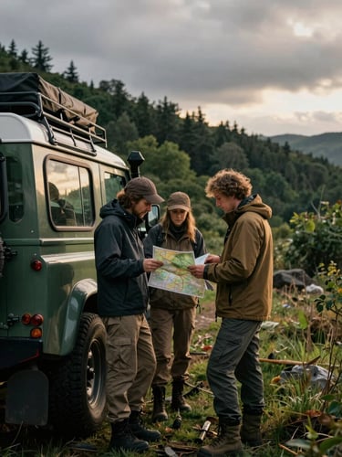 Two overlanding creators in rugged jackets standing next to a classic defender rig, examining a physical trail map, overcast dramatic daylight, moody green tones