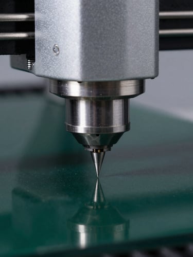 Macro close-up of a high-precision laser cutter head slicing through dark green acrylic, sharp studio lighting, cool gray background, 50mm