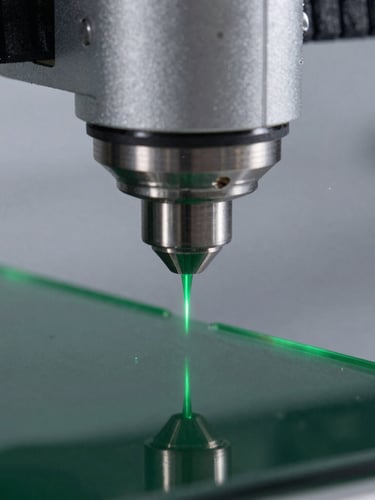 Macro close-up of a high-precision laser cutting head slicing through dark green acrylic, crisp edges, intense green laser light beam, cool gray background, technical photography, 50mm