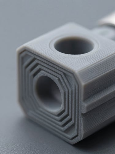 Extreme macro close-up of a 3D printed engineering prototype, flawless layers, sharp studio lighting, cool gray background, 50mm