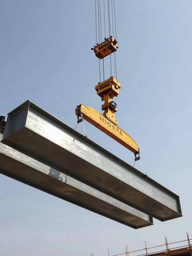 A low-angle heroic shot of a heavy-duty yellow crane lifting steel beams on an active civil engineering site in Iraq, bright daylight, high-contrast steel and concrete tones, sharp focus