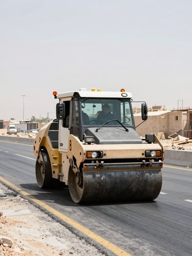 Wide-angle environmental shot of an active highway construction site in the Middle East, asphalt rollers in action, high-contrast daylight, steel tones