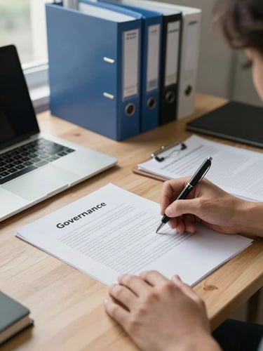 Wide desk surface viewed from above, hands annotating a printed governance document with a pen, organized binders and a laptop in the background, soft even daylight from a window to the left