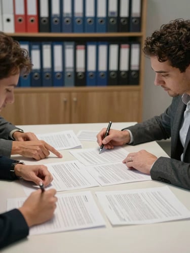 Environmental shot of a quiet meeting room, two people reviewing printed documentation spread across a table, overhead soft diffused light, organized binders visible on a shelf in background, calm and focused