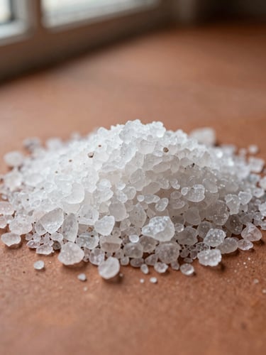 Overhead macro shot of textured salt crystals on a warm terracotta surface, soft natural window light, earthy tones