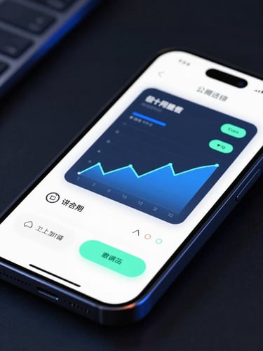 Sleek tech photography of a smartphone screen showing a clean, high-contrast system utility interface with electric blue graphs, neon mint accents, dark background, shallow depth of field, macro shot