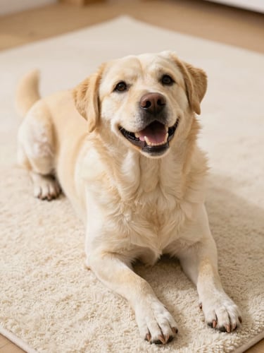 A happy, relaxed dog lying down on a soft cream rug, looking up with a soft expression, warm natural daylight, 35mm lens
